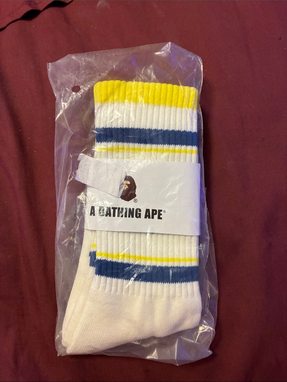 A Bathing Ape White Athletic Crew Socks with Yellow & Navy Stripe Accents